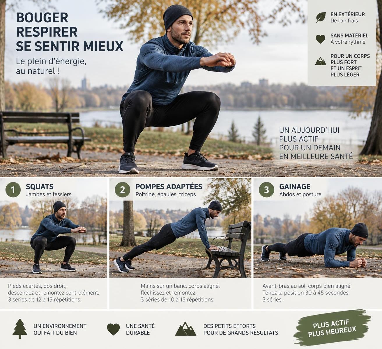 découvrez des exercices au poids du corps et des conseils pratiques pour vous entraîner en extérieur toute l’année, sans matériel.
